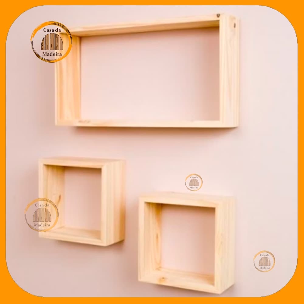 Kit 3 Nichos de Parede Decorativos Quadrado Madeira Pinus