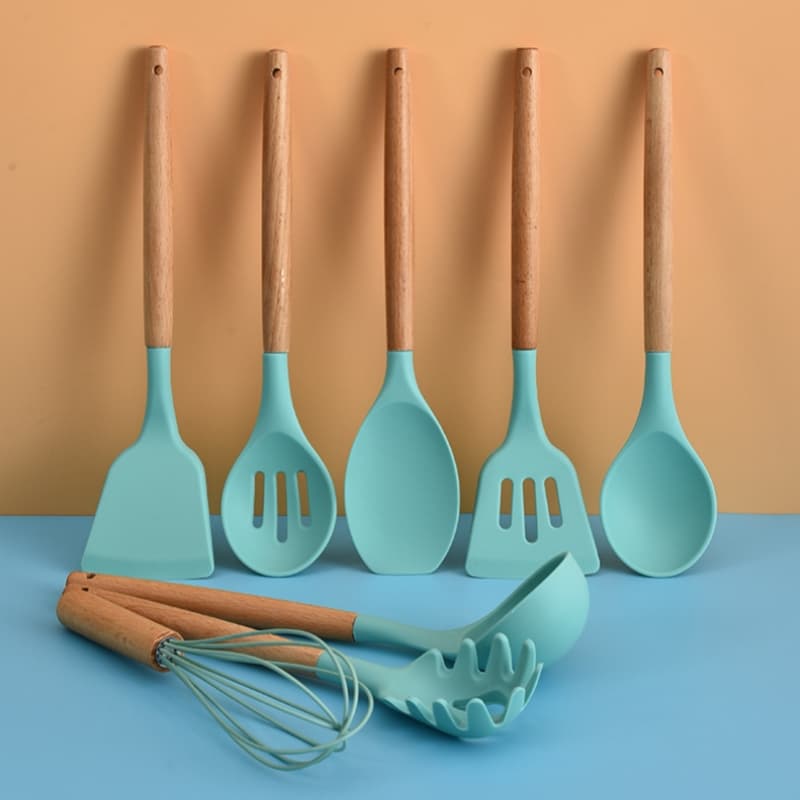 12 Pcs Silicone Cabo Madeira Decoração Utensílios De Cozinha Colheres Espatula