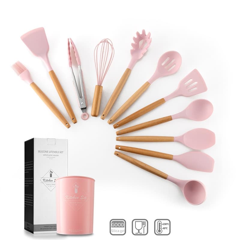 Kit C/12 Pçs Utensílios De Cozinha Colheres Espatula Silicone Cabo Madeira Decoração Livre BPA