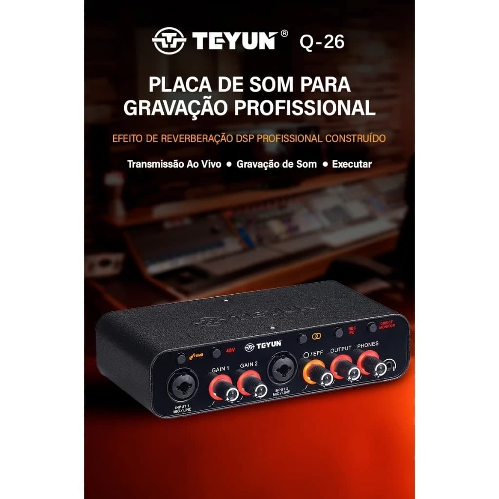 TEYUN Q-26 Placa de som com interface de áudio USB para guitarra eléctrica Gravação ao vivo Placa de som