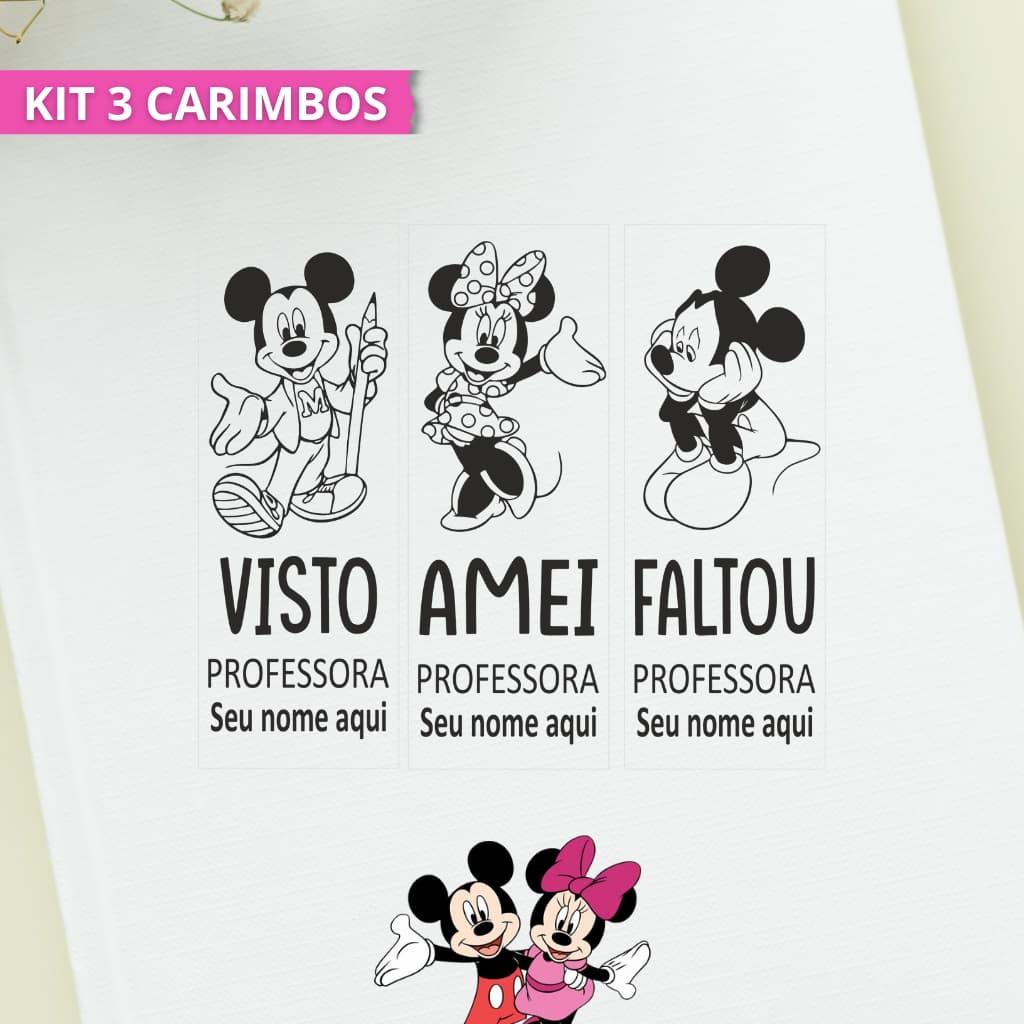 Kit 3 Carimbos Mickey| Carimbo para professores Minnie | Kit com 3 carimbos personalizados