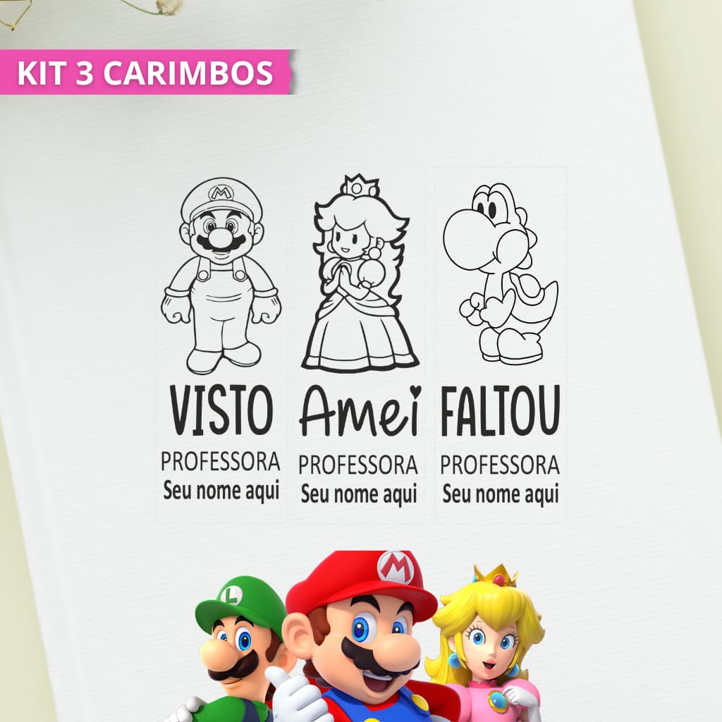 Kit 3 Carimbos Super Mario | Carimbo para professores | Kit com 3 carimbos personalizados
