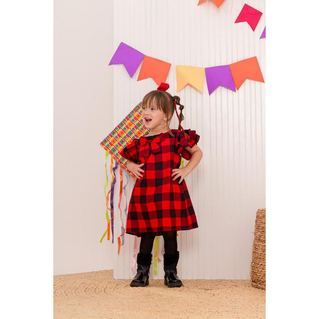 Vestido Infantil para Festa Caipira com Babados, Laço Frontal e Fecho de Botão