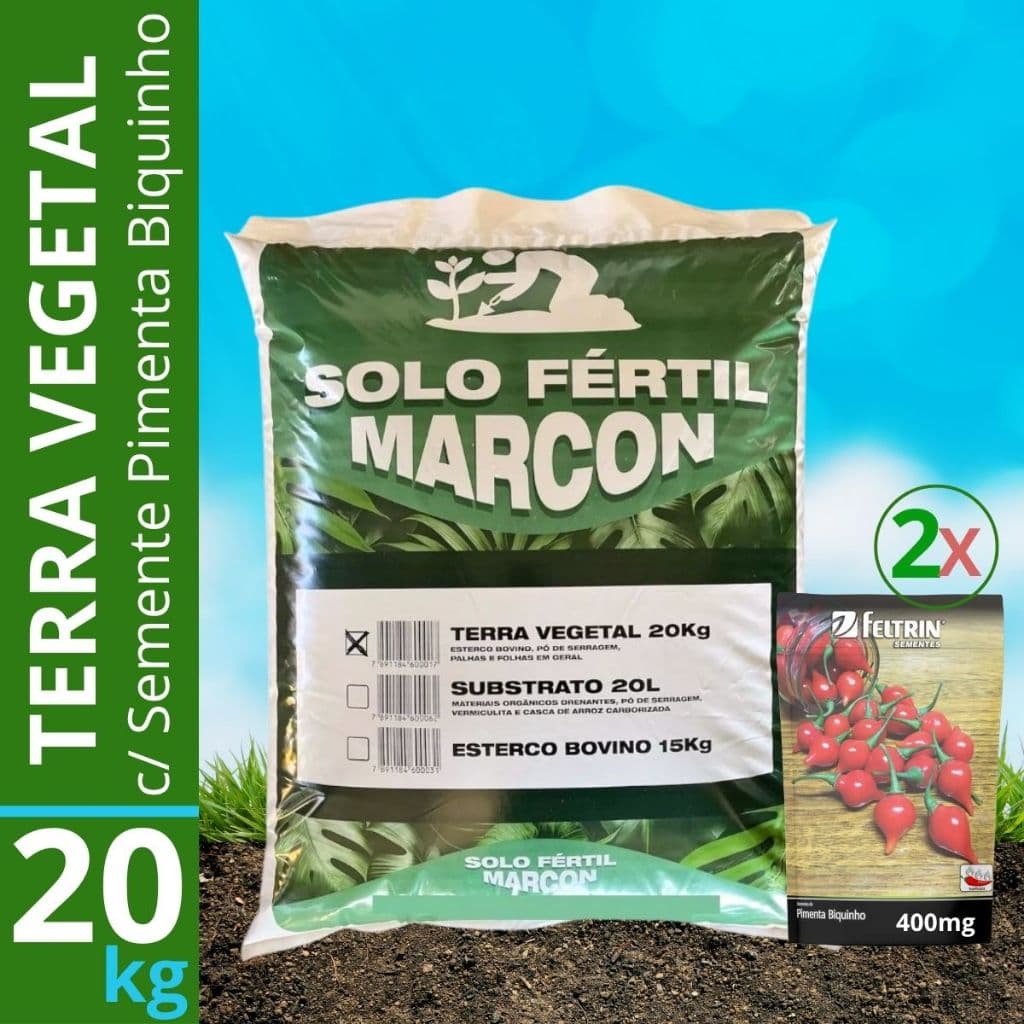 KIt Plantio Terra Vegetal Adubada 20kg Orgânica + 2 Pacotes de Sementes 400mg