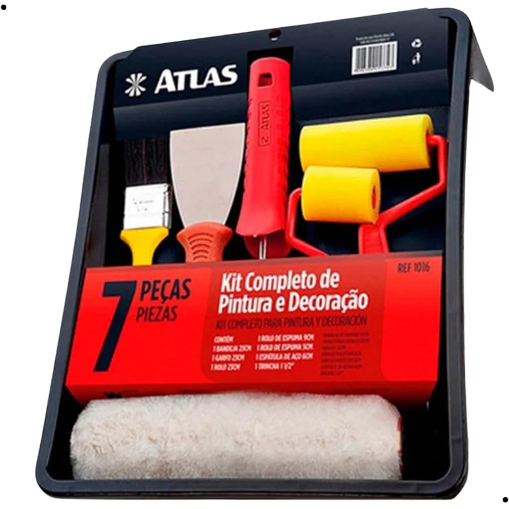 Kit Pintura Decoração Pintor C/ Bandeja Pincéis Rolo Suporte Garfo Espátula 7 peças Completo - Atlas