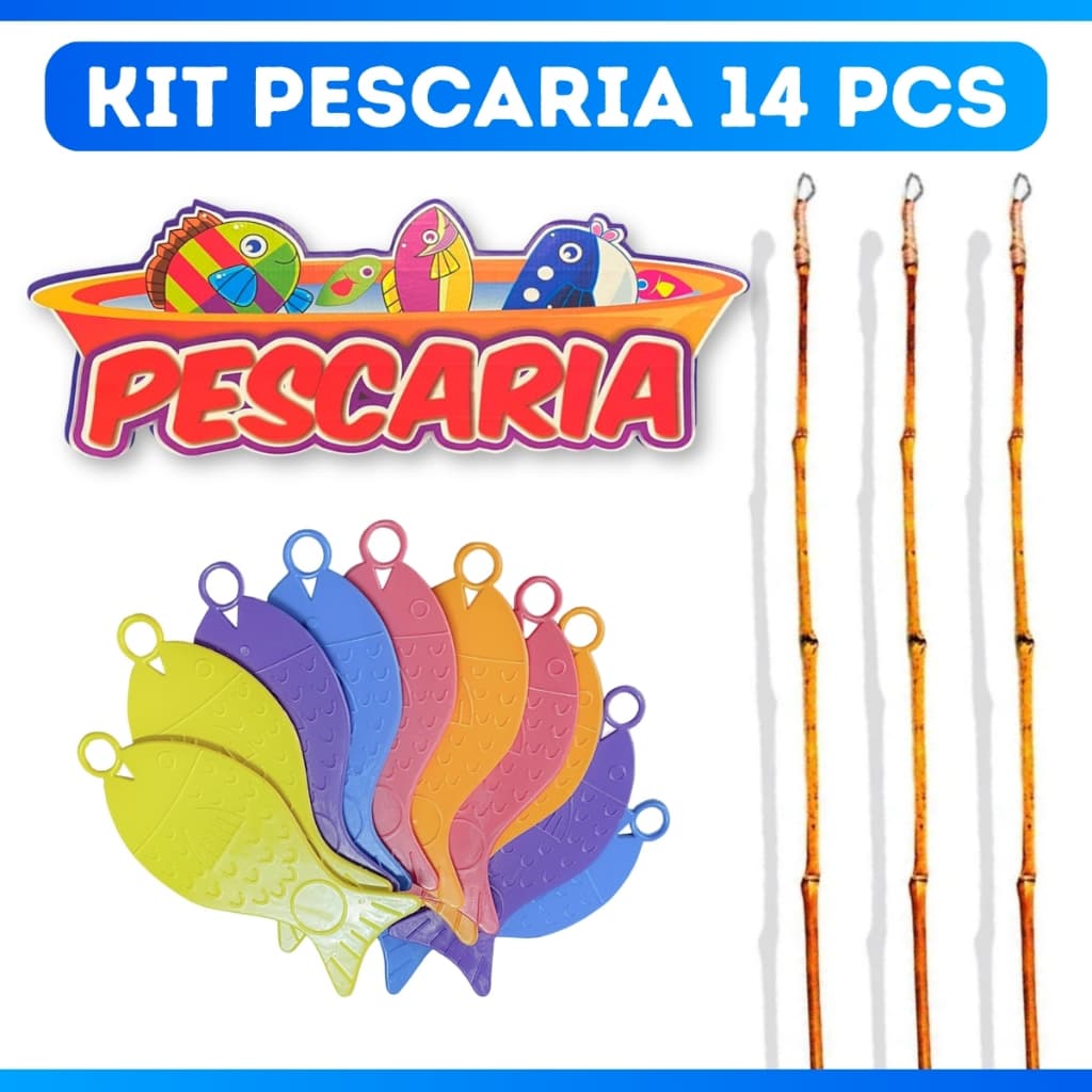 KIT JOGO PESCARIA 3 VARAS + 10 PEIXINHOS + PAINEL PESCA ARRIA CAIPIRA  FESTA JUNINA