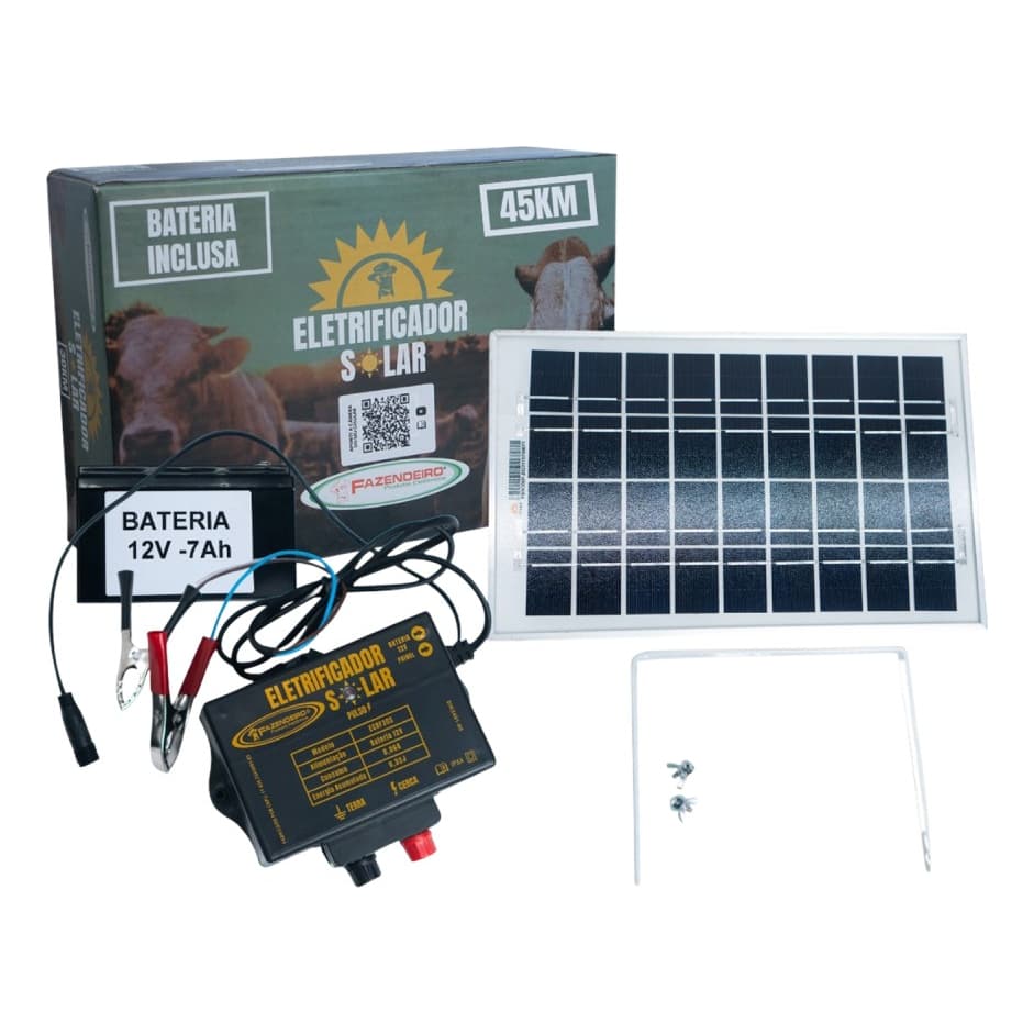 Cerca Elétrica Rural Eletrificador 45km Solar Com Bateria Fazendeiro