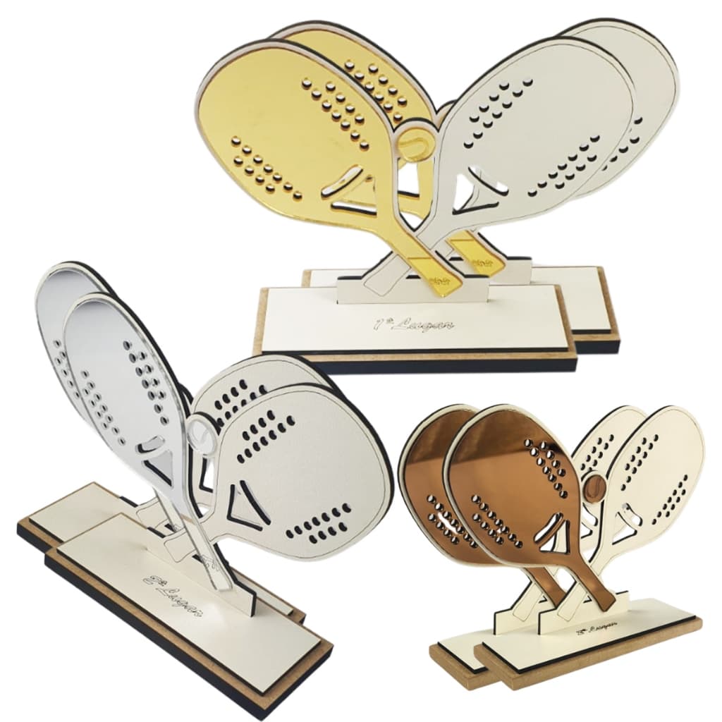 Kit 6 Troféus Beach Tennis em MDF com Acrílico Dourado, Prateado ou Bronze – Sob Encomenda