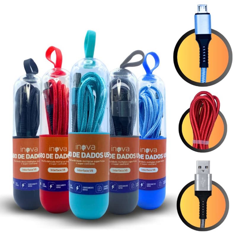 5x Cabo V8 Dados Usb Carregador Ultra Rápido 2 metros Resistente Nylon Anti quebra
