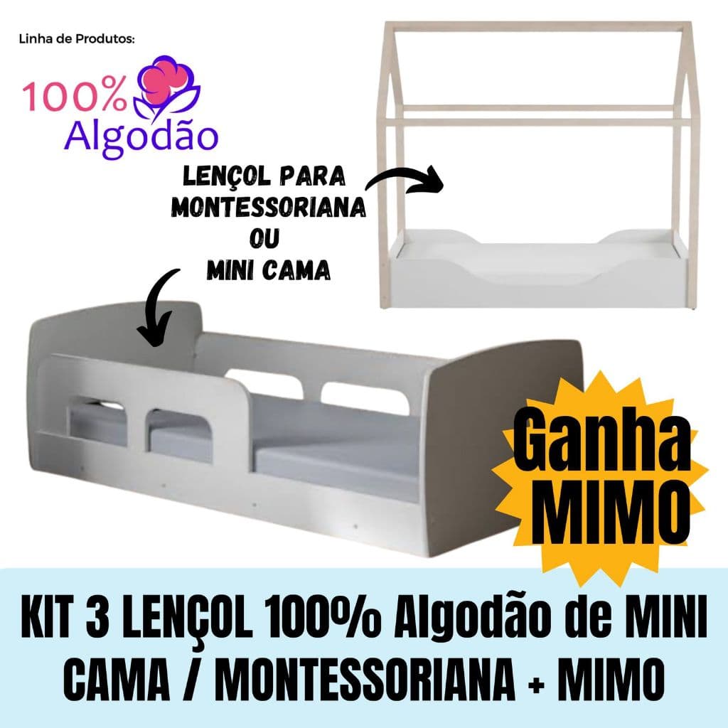 Kit 3 lençol avulso Mini cama ou cama montessoriana com elástico 100 % algodão + mimo