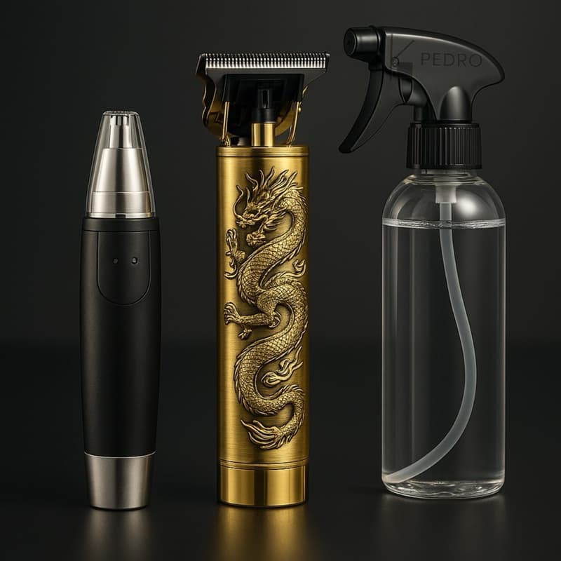 Kit Barbeiro Premium 3 em 1 – Máquina de Corte Dragão + Aparador Nasal + Borrifador