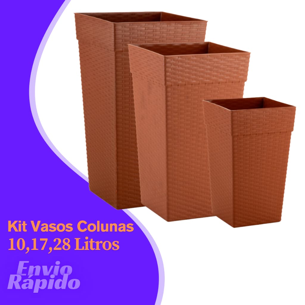 Kit 3 Vasos Decorativo Rattan Grande 10 17 28 Litros Plástico Resistente Plantas Flores Sala Jardim