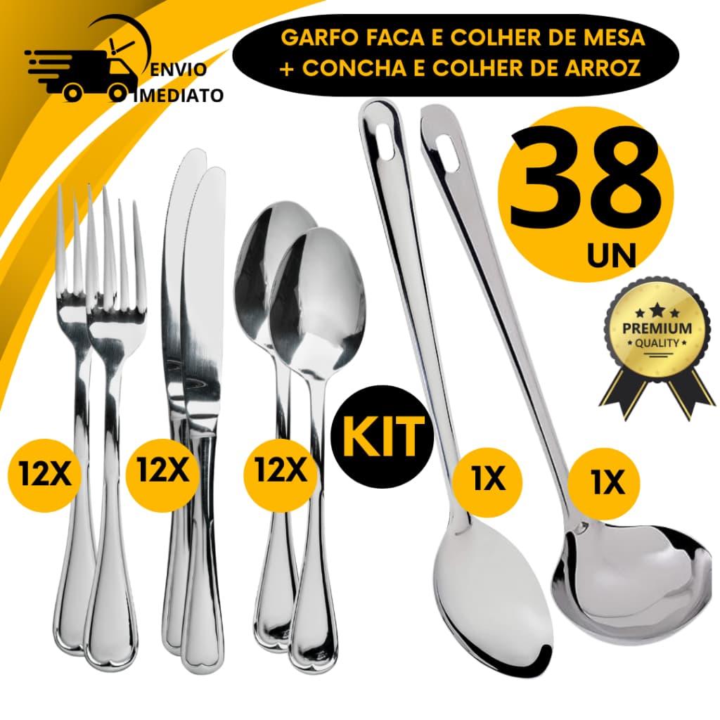 Kit Completo Utensílios Inox Talher Garfo Faca Colher Concha Colher de Arroz