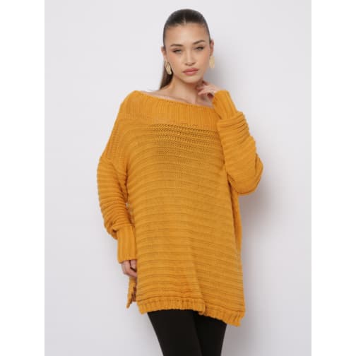 Blusa Tricô Ombro a Ombro Comprida Abertura Lateral Lisa Solta Básica Canelada