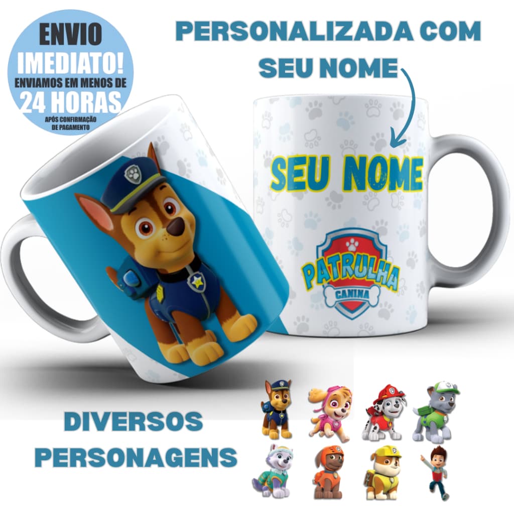 Caneca Personalizada Patrulha Canina Infantil COM SEU NOME Plástico Polímero ou Porcelana Presente Diversos Personagens