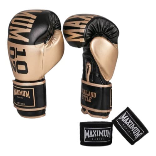 Luva de Boxe Maximum Dourada/Preta C/ Bandagem 3m Profissional Original Treino e Luta Adulto