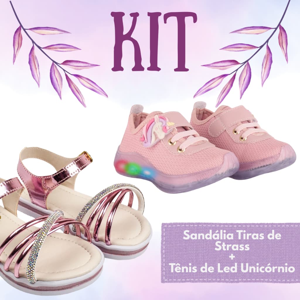 Kit 2 pares Sandália Infantil Menina Tiras de Strass Brilho +Tênis LED Unicórnio Luzinha Confortável