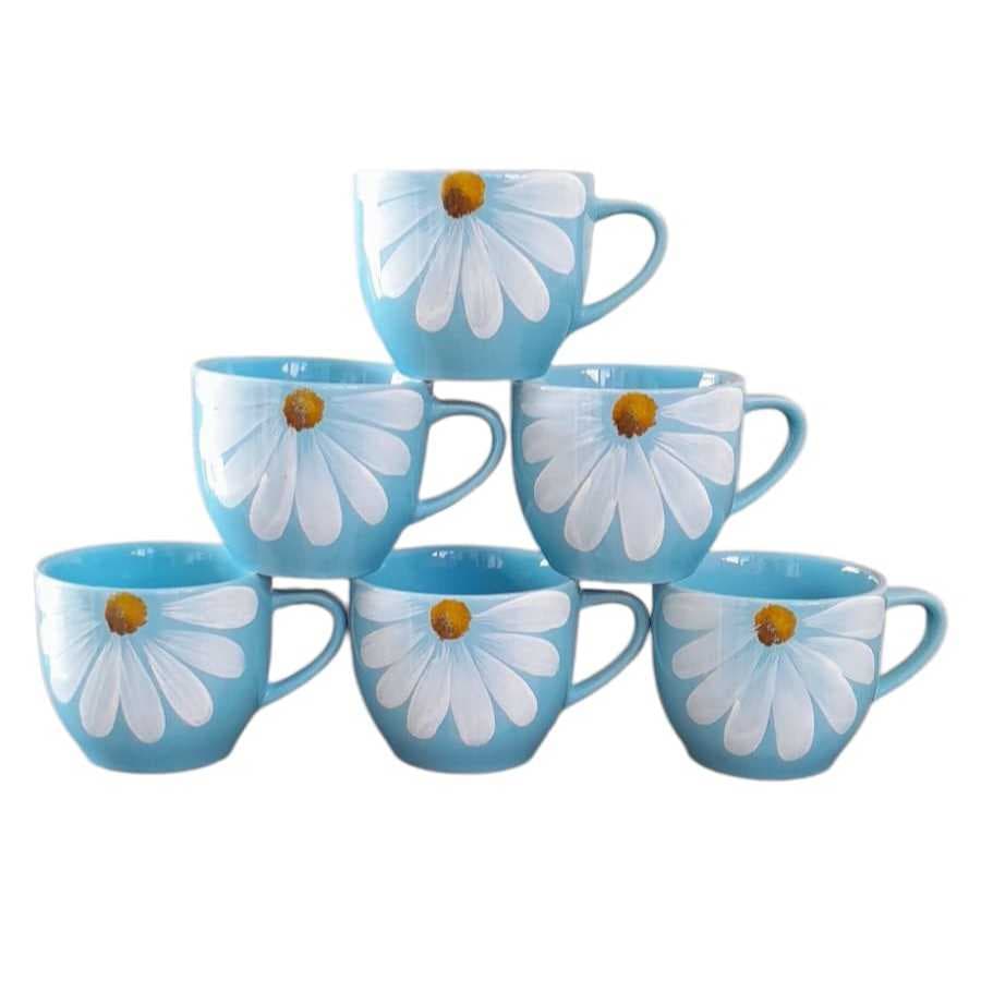 Jogo 6 Xicaras canecas Chicaras cojunto kit de Café Chá porcelana 170 ml decorada margaridas azul.