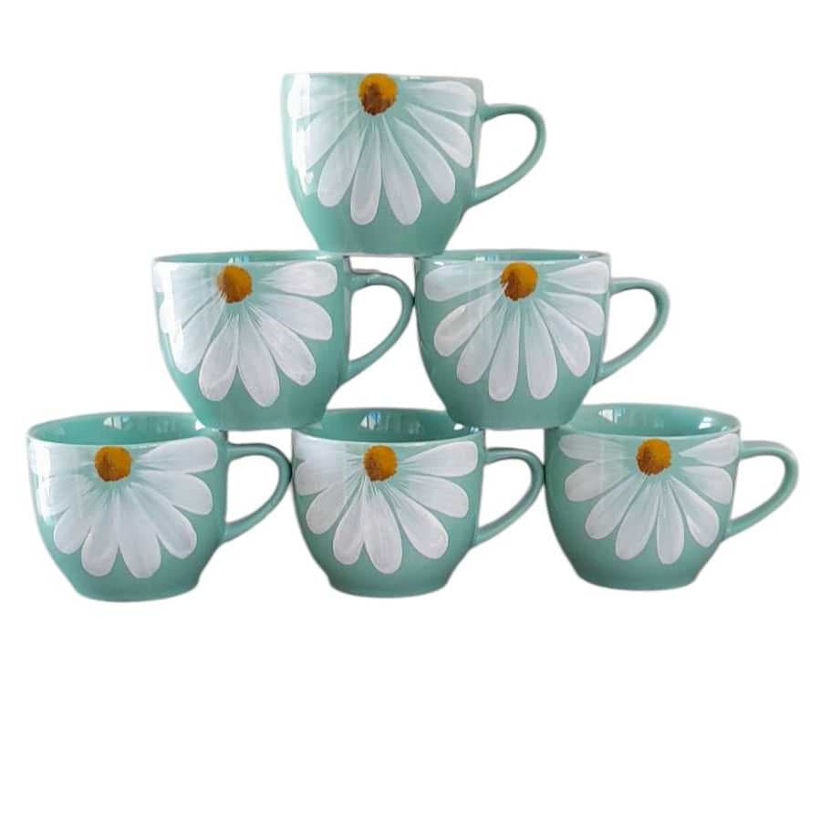 Jogo 6 Xicaras canecas Chicaras cojunto kit de Café Chá Porcelana 170 ml pintura margaridas feita a mão verde claro.