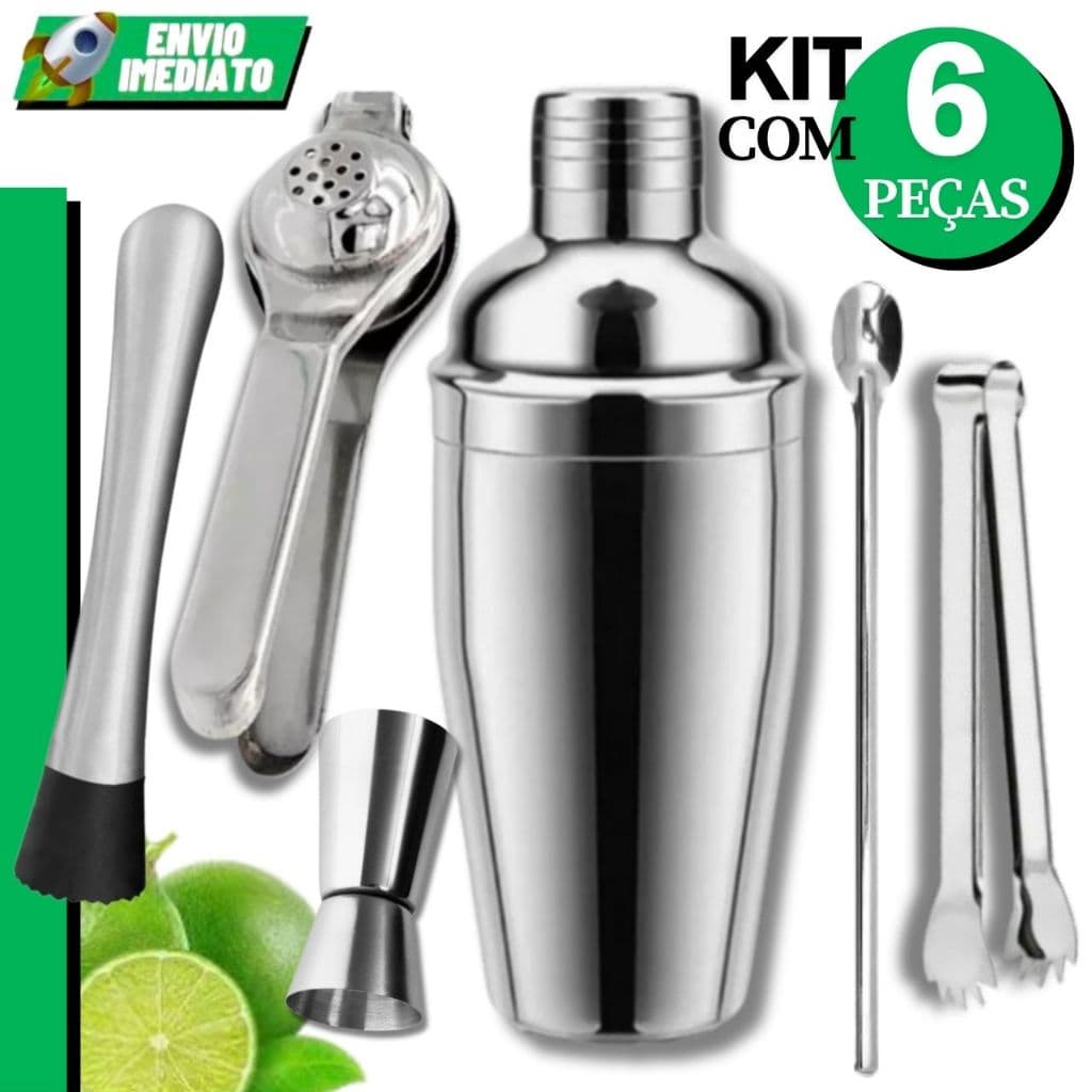 Kit Caipirinha Coqueteleira Inox 6 Peças - Espremedor Coqueteleira 500ml Socador Macerador Dosador