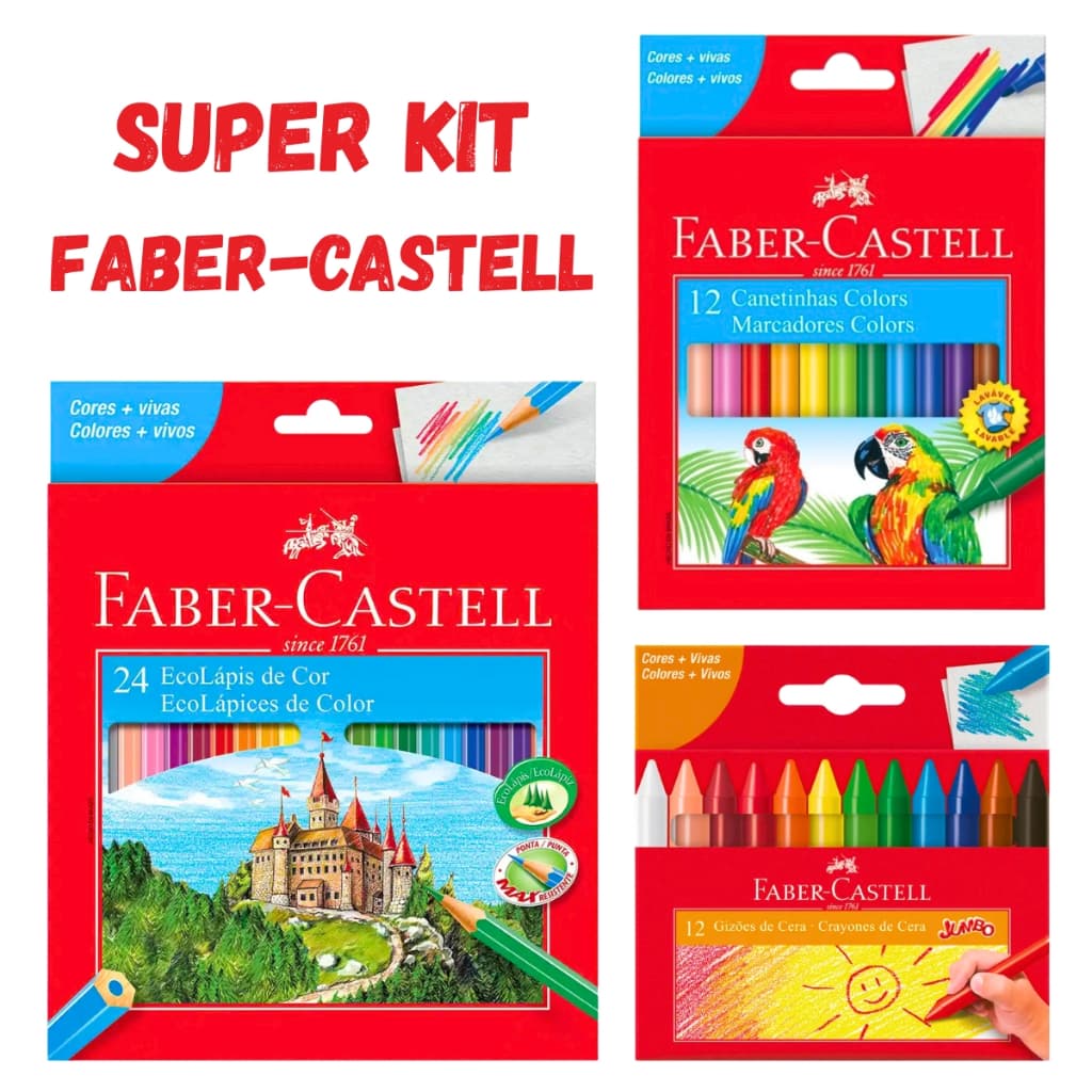 Kit Faber-Castell Lápis de Cor 24 + 12 Giz de Cera Jumbo + 12 Canetinhas Hidrográficas