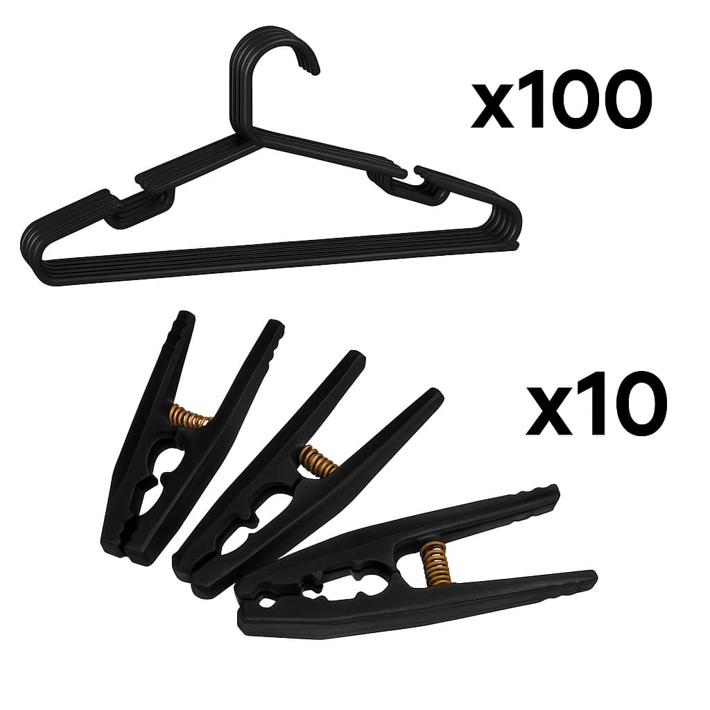 KIT 100 CABIDE COMBATE PRETO + 10 PRENDEDORES, CABIDE PARA CAMISETAS, CALÇAS, JAQUETAS, 38CM