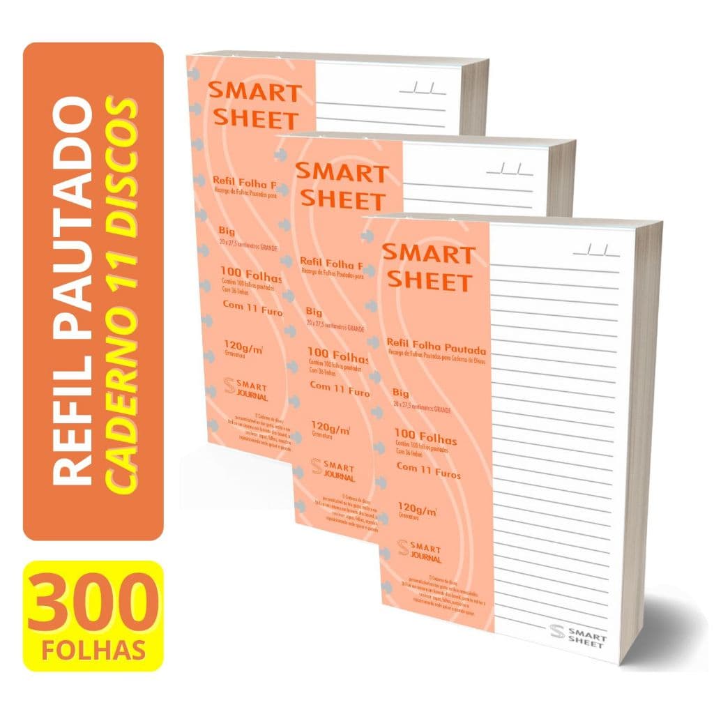 Kit 3 Refil Caderno de Discos 120g 100 Folhas Pautado Grande 11 Furos