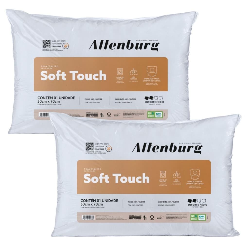 Kit 2 Travesseiros Suporte Médio Soft Touch Altenburg Toque de Seda 50cm x 70cm