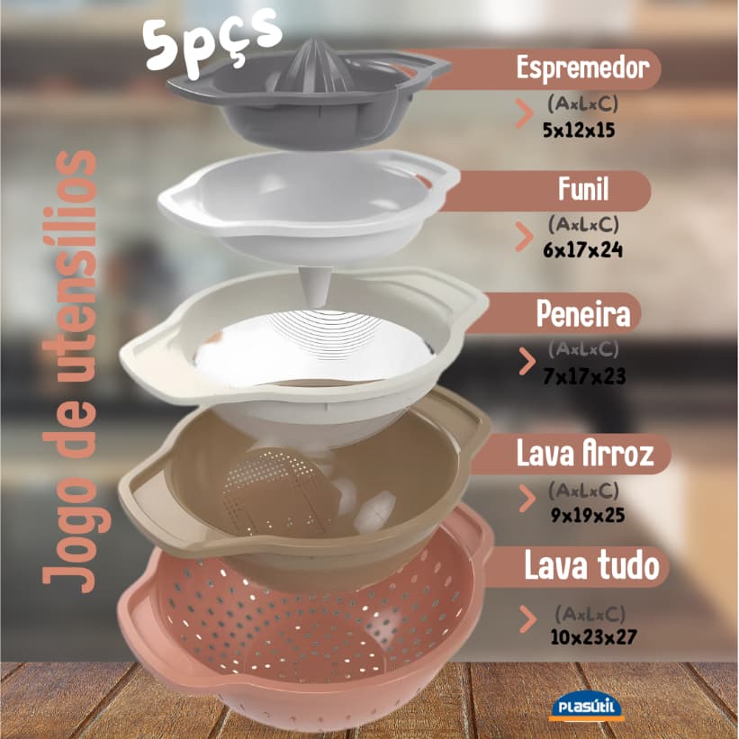 Jogo De Utensílios com 5 peças - Espremedor Funil Peneira Lava arroz e Escorredor prático -Plasútil
