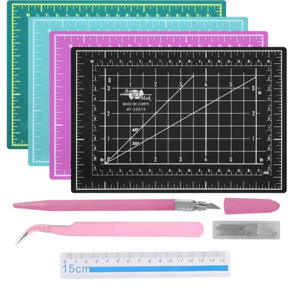 Kit Mini Base De Corte A5 Estilete Pinça Régua Patchwork Scrapbook