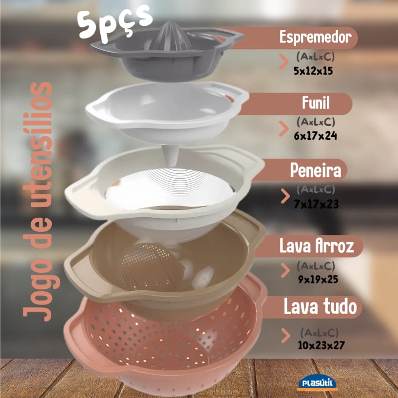 Jogo De Utensílios com 5 peças - Espremedor Funil Peneira Lava arroz e Escorredor/-Plasútil