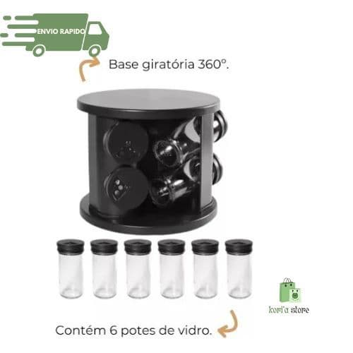 Porta Condimentos Giratório Com 6 Potes De Vidro Preto