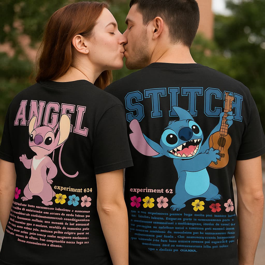 Kit Casal Tshirt Casal Stitch Angel Estampa Fofa Love 100% Algodão  Confortável Presente Criativo