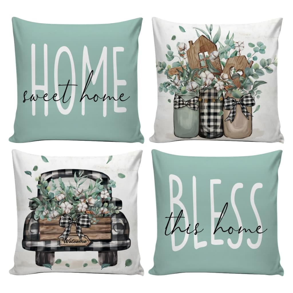 Kit 4 Com Capas de Almofadas 45x45 Laço Xadrez Bless This Home Sweet Home Caminhão Flores Verde Branco