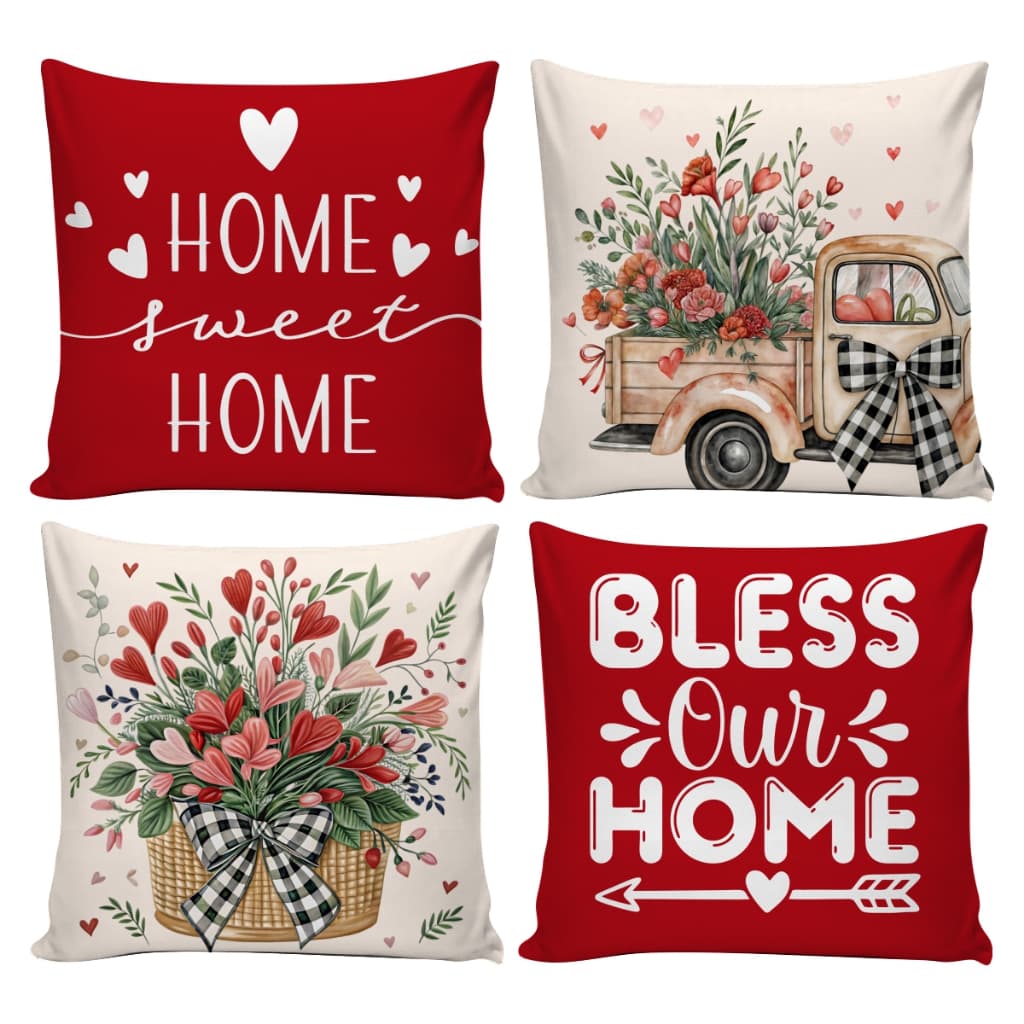 Kit 4 Capas de Almofadas 45x45 Cesta Flores Laço Xadrez Bless Our Home Sweet Home Vermelho Branco