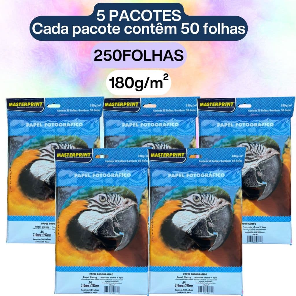 5 Pacotes Papel Fotográfico Papel Glossy Kit 250 Folhas de 180g/m² Brilhante Branco Cada Pacote contêm 50 Folhas
