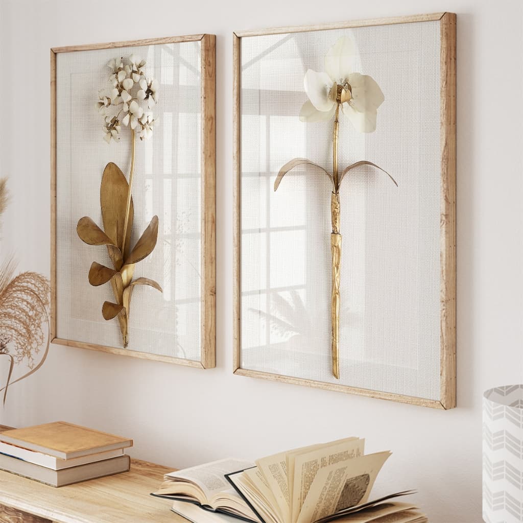 Kit 2 Quadros Decorativos com Moldura Sala Quarto Duo Floral Flores Douradas Orquídea Clássico Vidro