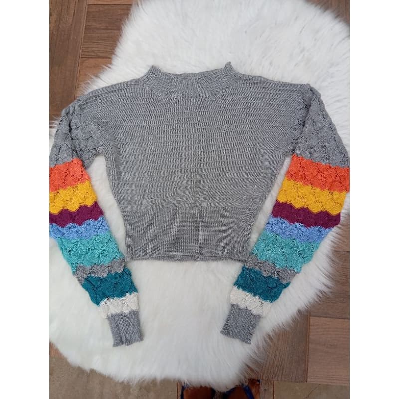 Promoção Blusa Tricô Com Faixas Coloridas Manga Longa Feminina