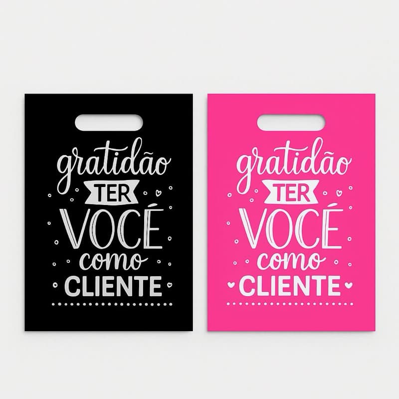 50 sacolas boca de palhaço ou vasada 20x30 e 30x40 com frases pink ou preta