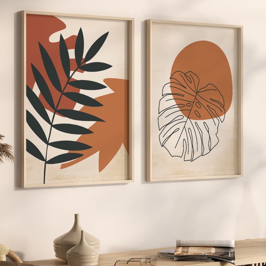 Kit 2 Quadros Decorativos com Moldura Sala Quarto Duo Boho Escandinavo Moderno Botânico Vidro