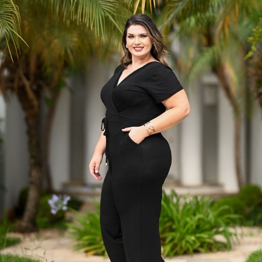 Macacão Feminino Plus Size  Longo Transpassado com Manga em Viscolycra GG ao G3