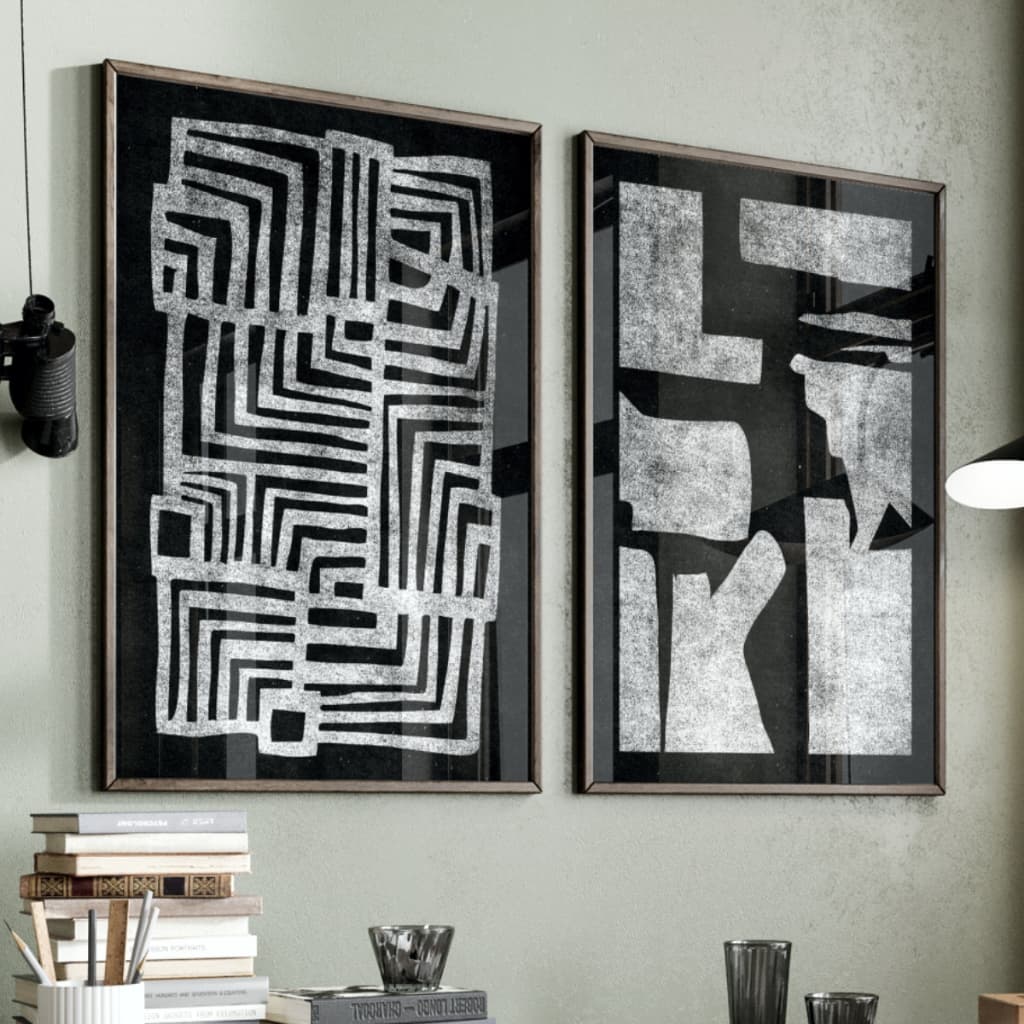 Kit 2 Quadros Decorativos com Moldura Sala Quarto Duo Abstrato Moderno Clássico Preto e Branco Vidro