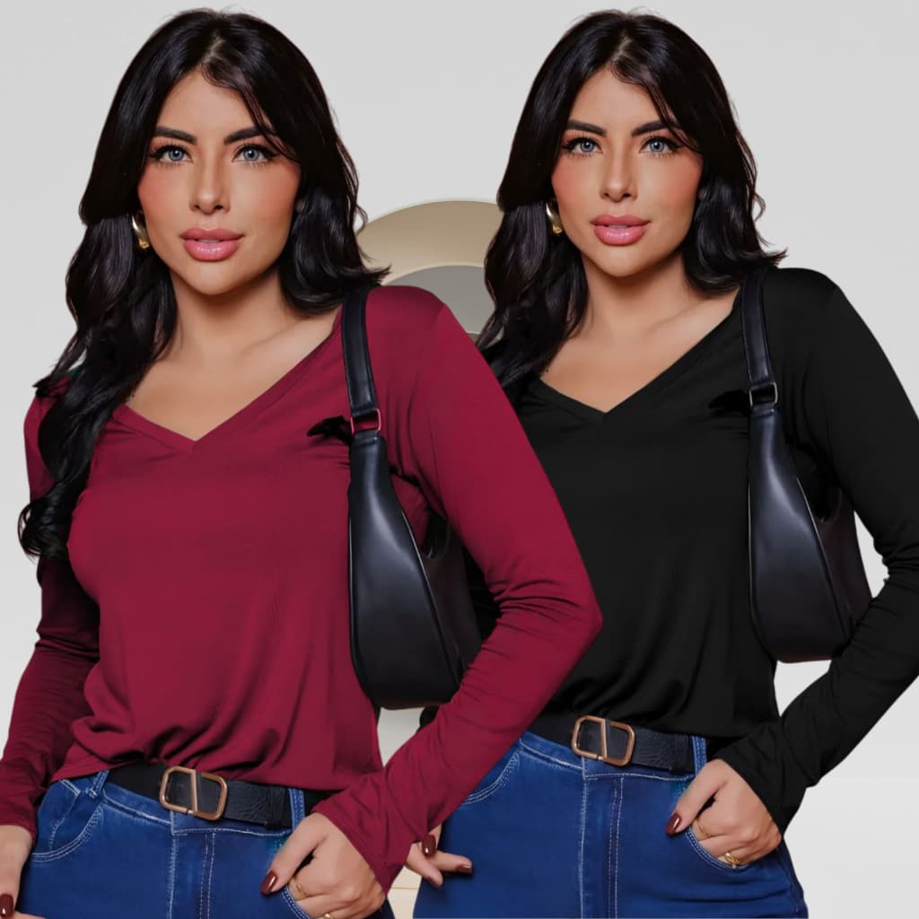 Kit 2 Blusa Feminina Gola V Manga Longa Segunda Pele Blusinha Basica T_shirt