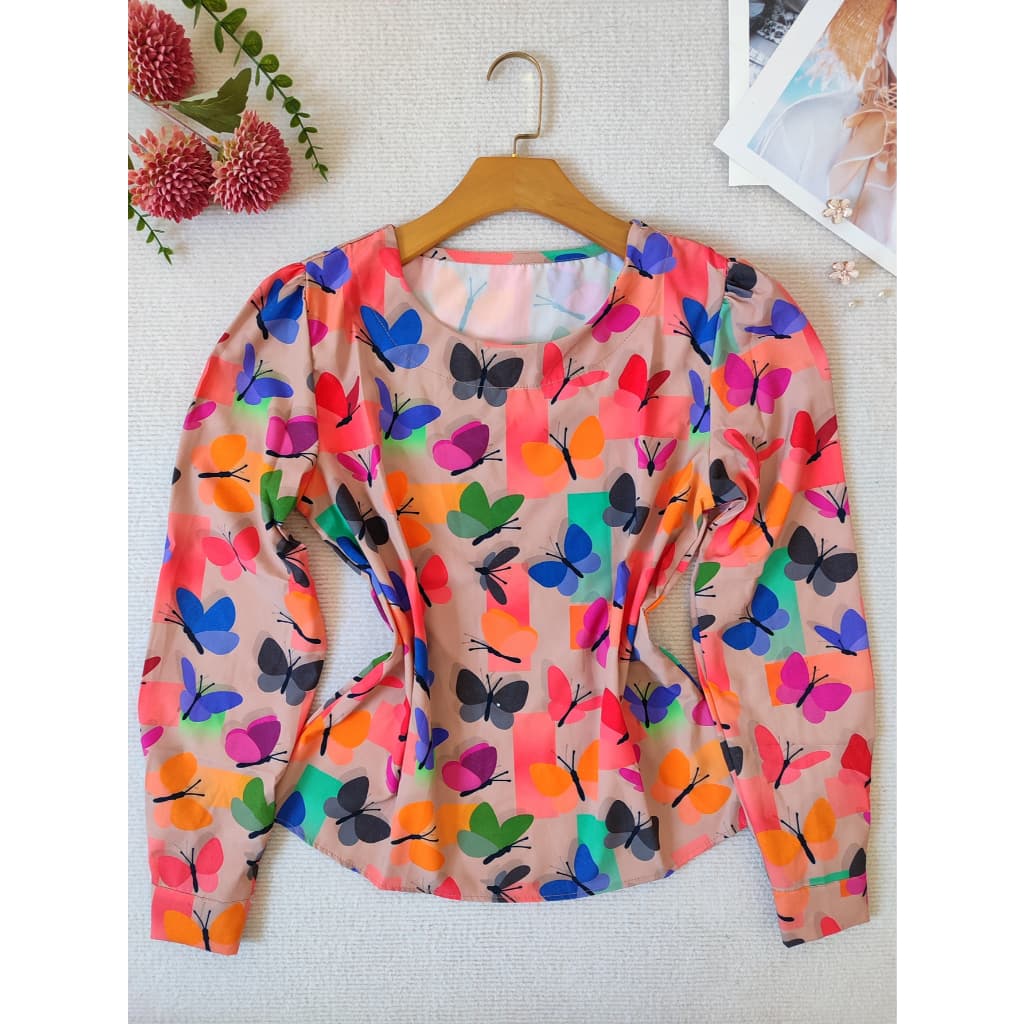 YW & X MODA    blusa feminina estampada 3D manga longa tecido crepinho
