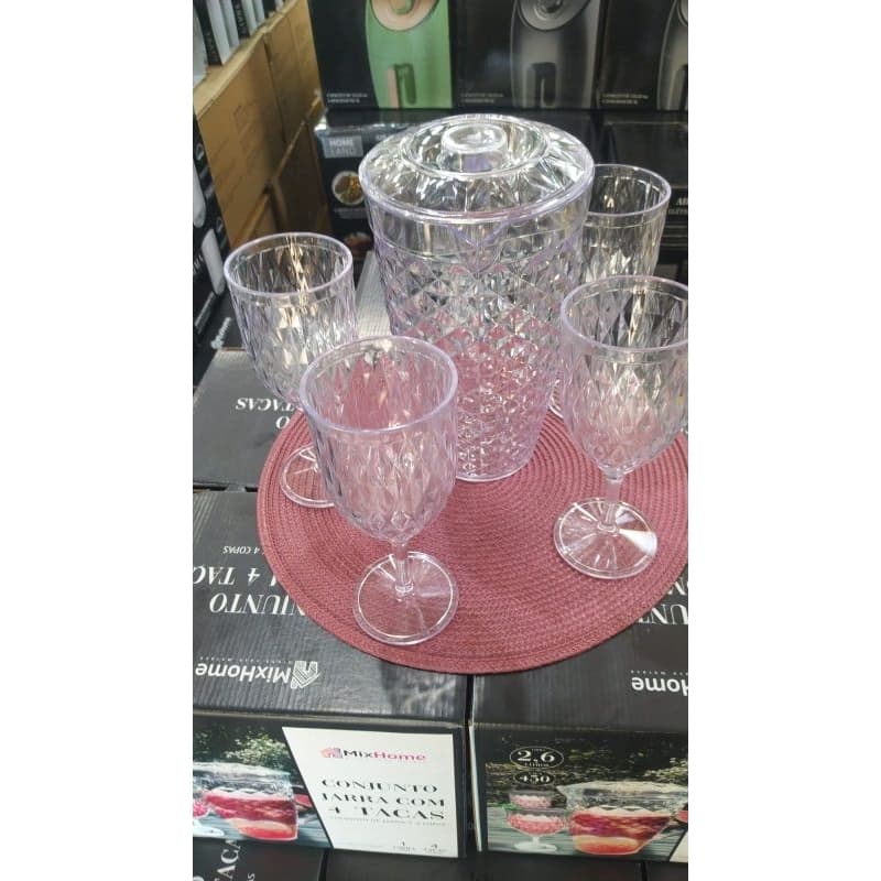 Jogo de jarra e taças em acrílico para água e sucos jarra com tampa grande com 2.6 litros de taças com 400 ml