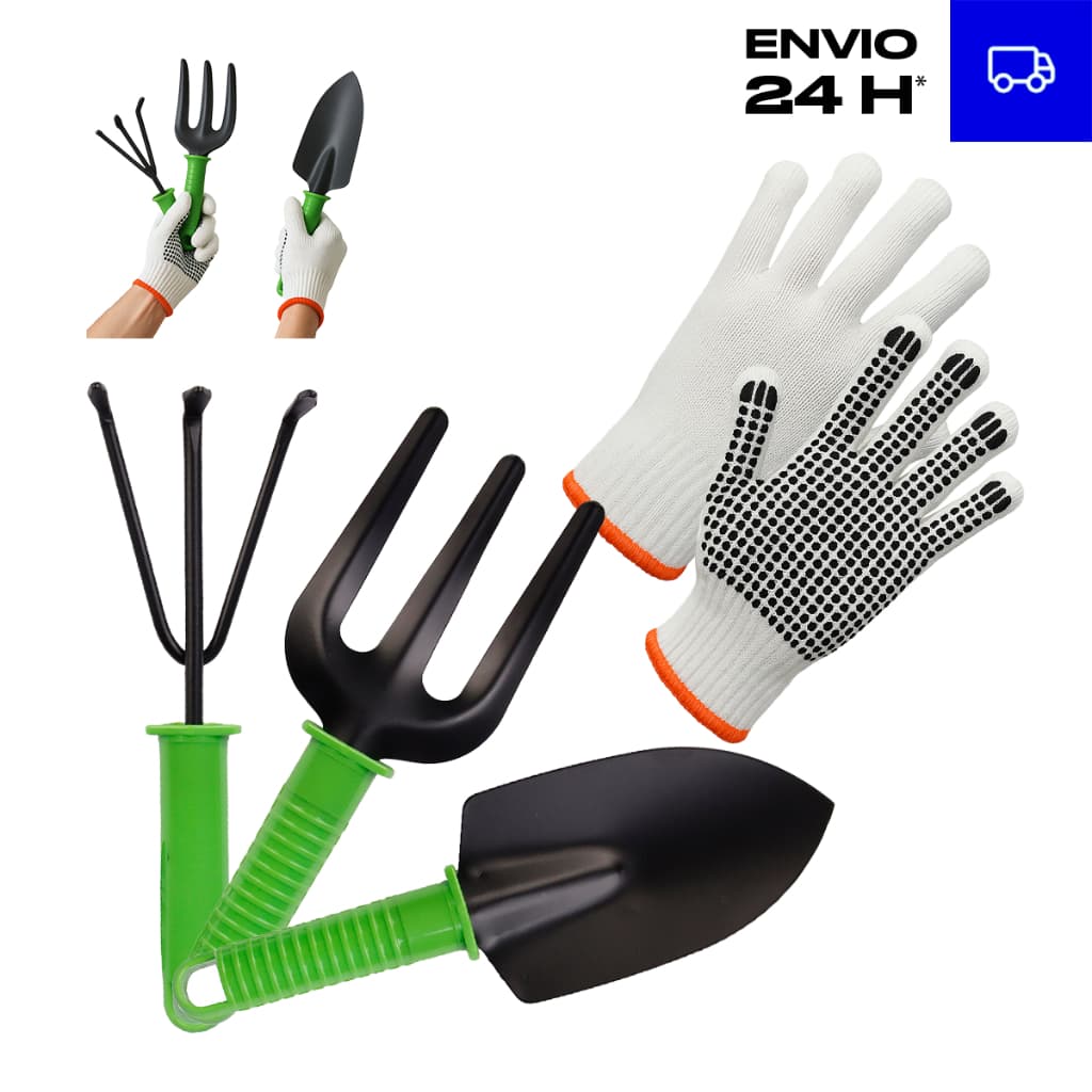 Kit para Jardinagem 4 Peças – Pá, Garfo, Ancinho + Luva de Proteção