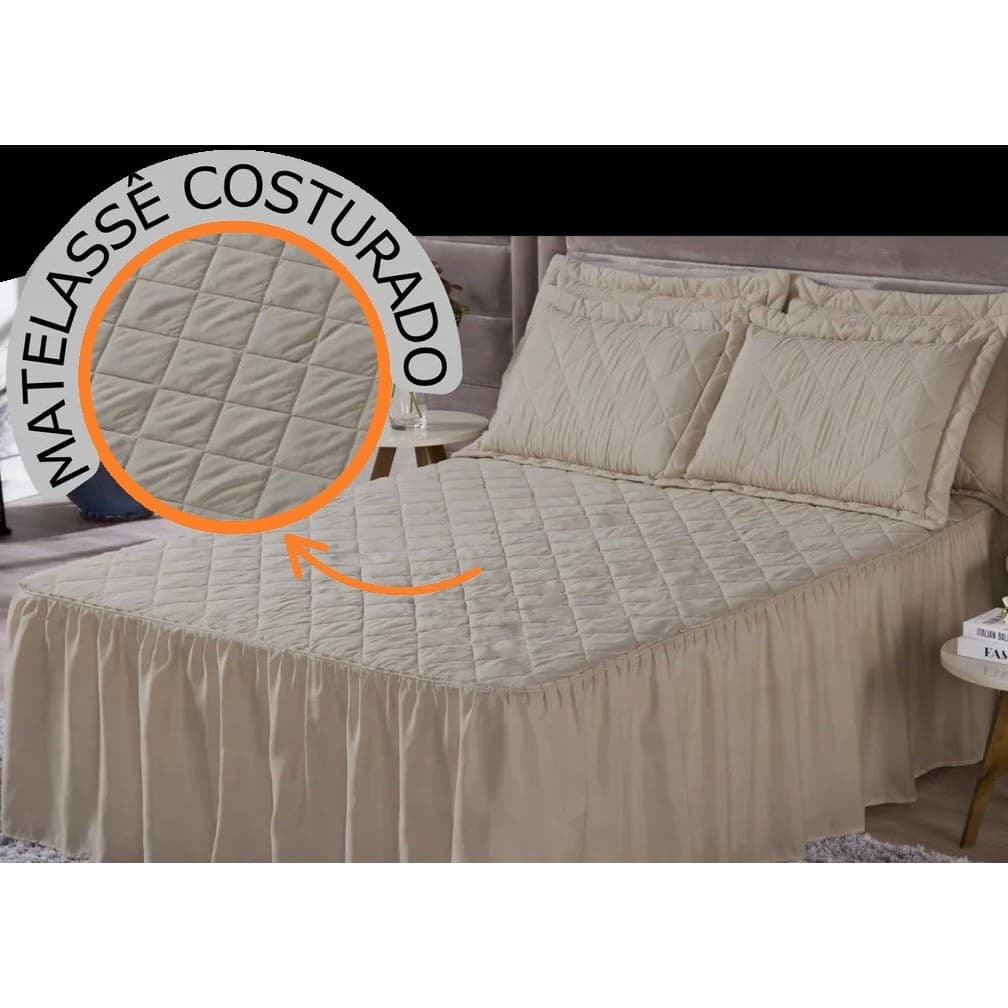 Colcha com Babado Queen 3 Peças + 2 Porta travesseiros CobreLeito Matelado Várias Cores