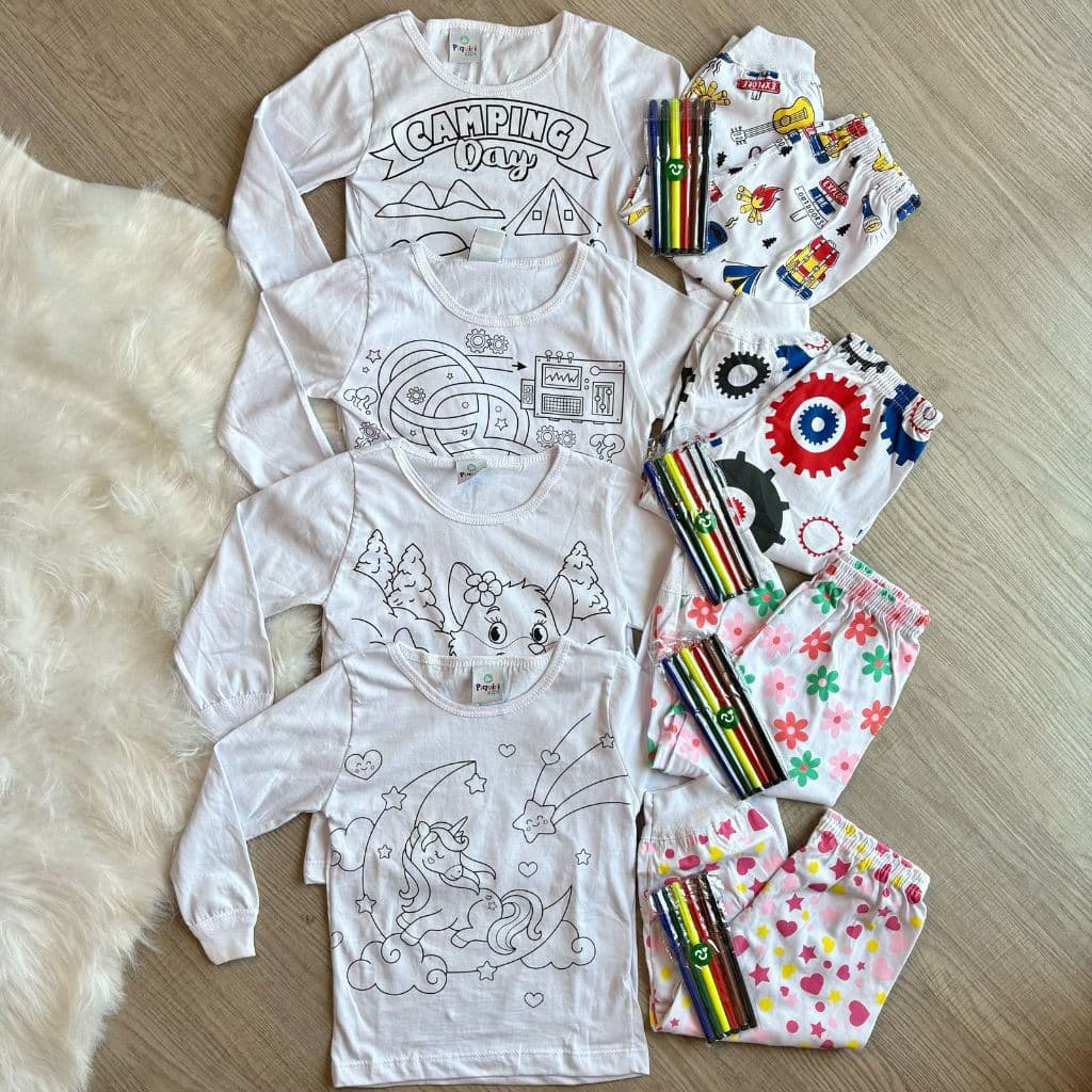 Pijama Infantil de Colorir Pintar Camiseta Manga Longa Calça Comprida Menina Menino Estampado LF042