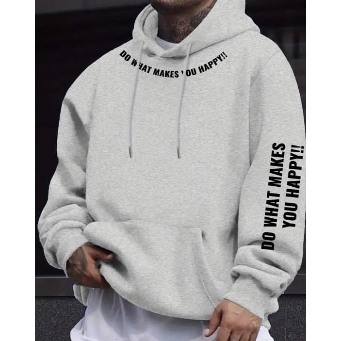 Moletom Casual Masculino com Forro de Fleece, Capuz com Cordão e Bolso Canguru, Estampa Geométrica, Uso PrimaveraOutono
