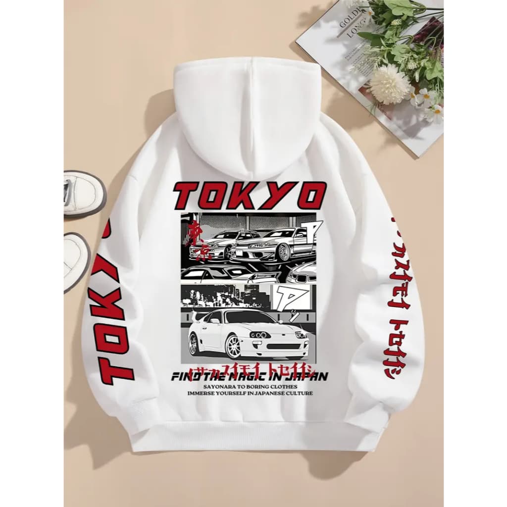 Moletom Casual Feminino com Estampa de Carro - Pulôver de Algodão Aconchegante com Bolso Canguru, Manga Longa
